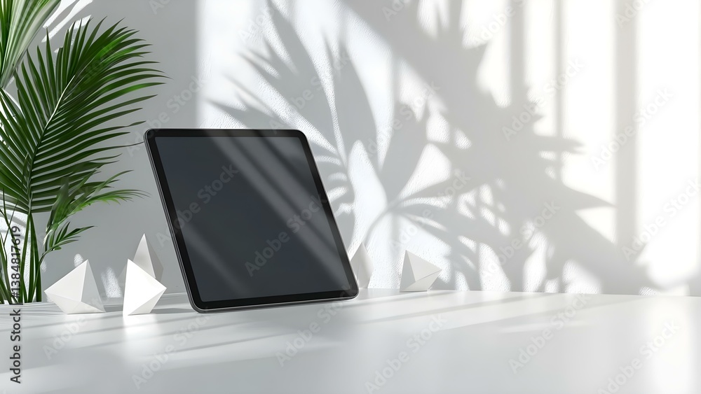 Poster a tablet is positioned on a desk with geometric shapes and a plant, illuminated by shadows from natu