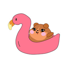 A cute hamster enjoying a swim on a flamingo floatie in the pool, having a fun and relaxing summer day