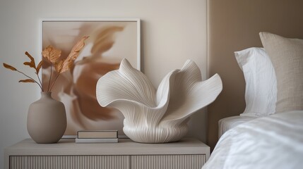 A statement sculptural ceramic lamp on a minimalist nightstand styled with an abstract art piece and a neutral-toned vase