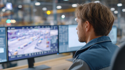 Factory worker monitoring warehouse operations on multiple screens