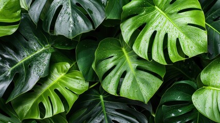 Lush Green Monstera Leaves with Dew Drops.
