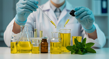 Scientists Hands in Blue Gloves Conducting Research with Yellow Liquid and Green Mint Plants in Bright Laboratory