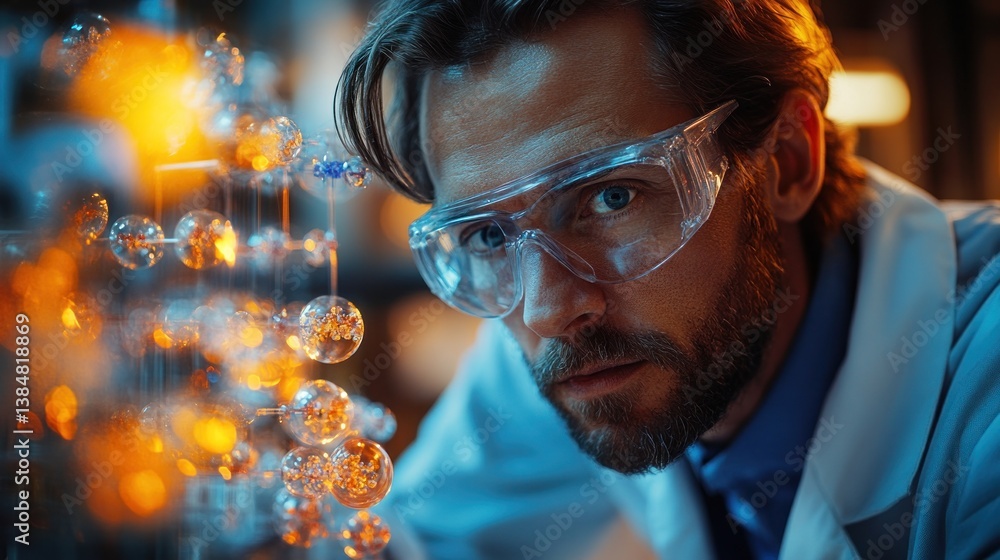 Poster intrigued scientist studying molecular structure in laboratory