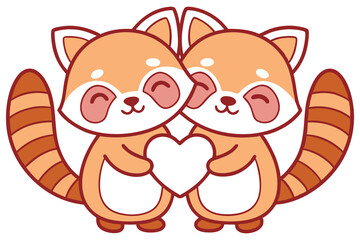 Adorable Twin Red Pandas Holding White Heart Cartoon Isolated on Transparent Background