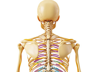  Color-coded human skeleton posterior view, 3d highlighting upper body anatomy including skull, vertebrae, ribs, and scapulae for educational reference, isolated on transparent background ,PNG file.