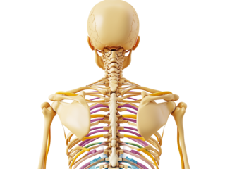  Color-coded human skeleton posterior view, 3d highlighting upper body anatomy including skull, vertebrae, ribs, and scapulae for educational reference, isolated on transparent background ,PNG file.