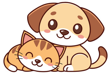 Adorable Cartoon Dog and Ginger Cat Hugging with Smiling Faces on White Background