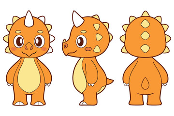 Cartoon Triceratops Mascot Character Poses; Front, Side, and Back View on White
