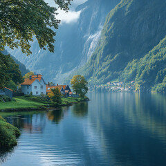Fototapeta premium A scenic view of a fjord with steep cliffs rising from the water and a small village at the base