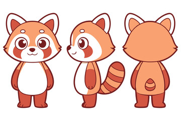 Cartoon Red Panda in Front, Side, Back View Poses on Transparent Background