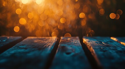 Warm Lights Blurred Background with Dark Wooden Table.