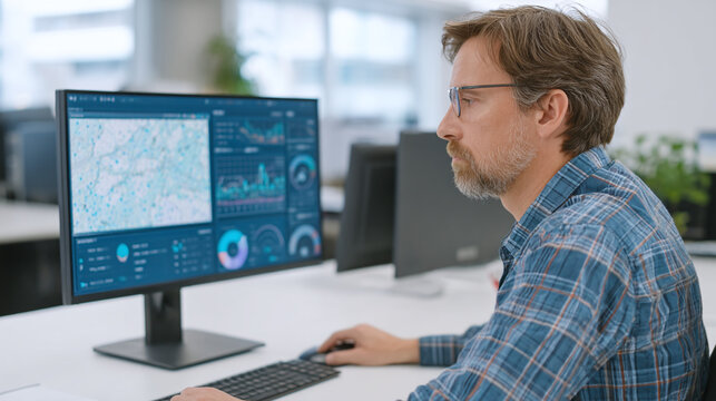 Focused Business Professional Analyzing Data on Computer - Powered by Adobe