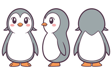Naklejka premium Three Cute Cartoon Penguins, Different Angles, White Belly,