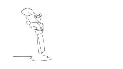 Animation of single continuous line drawing woman wearing kimono holding paper fan in both hands. Flexible movements that invite amazement. Traditional. Ethnic. Fan Dance Day. Full length motion
