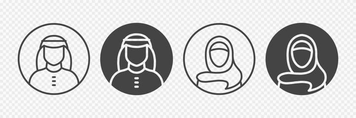 Illustration of Saudi People in traditional dress. Arab man and woman profile avatar. Outline and silhouette icons. Vector 