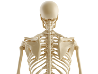 Posterior view of a human skeleton, showing intricate structures including the skull, vertebrae, shoulder blades, 3d render isolated on transparent background, 