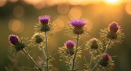 Purple Thistle Blooms in a Warm Golden Sunset Glow in a Field With Blurred Bokeh Background