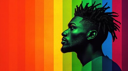 Man with vibrant dreadlocks against a rainbow backdrop
