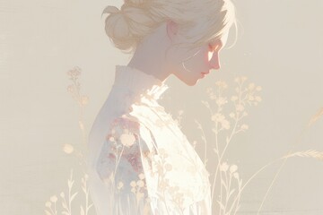 Ethereal lady with hair up, floral dress. Soft, diffused light and subtle color