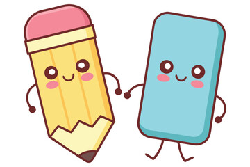Joyful Cartoon Pencil and Eraser Holding Hands Together on a White Background