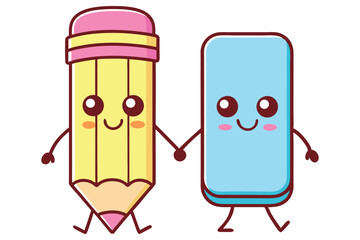 Cartoon Pencil and Eraser Characters Holding Hands Walking Together on a Transparent Background