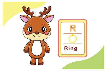 Cartoon Brown Deer with Ring Card, Alphabet Learning on White