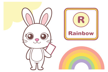 Cartoon White Bunny with Big Eyes Holding Card Featuring Rainbow and R Letter