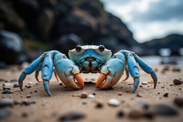 Fototapeta premium Vibrant Blue Crab on Sandy Beach Coastal Crustacean Close up