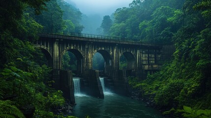 Obraz premium Misty mountain bridge over a rushing river. Lush green jungle surrounds the ancient structure
