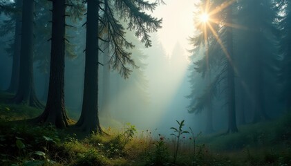 Fototapeta premium Old growth fir forest shrouded in morning mist , firs, atmosphere