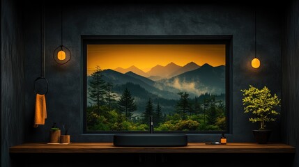 Modern bathroom with mountain view