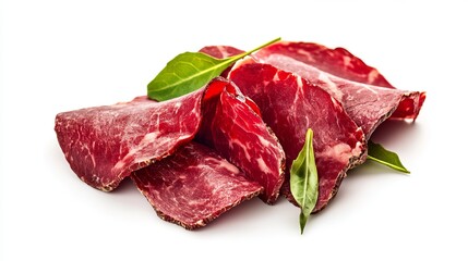 Obraz premium Close up of several slices of bresaola with green leaves on a white background studio shot