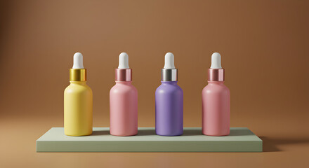 Pastel Colored Cosmetic Bottles with Droppers on Green Square Podium Against a Brown Backdrop