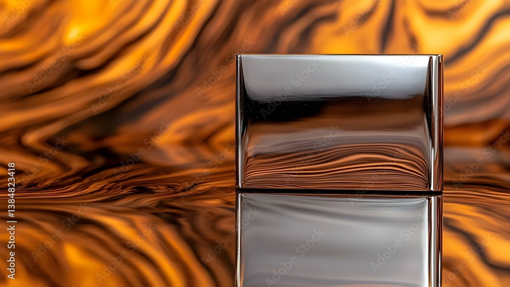Aufkleber a shiny metallic cube reflecting colorful swirling patterns in the background. concept shiny metalli
