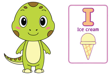 Cartoon Green Dinosaur Character Design with Ice Cream on White
