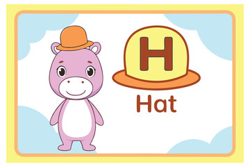 Cute Cartoon Pink Hippo Wearing Hat for Kids ABC Learning Illustrations Design