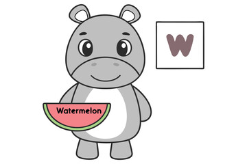 Cartoon Hippo Holding Watermelon Slice Next to Letter W on White Background