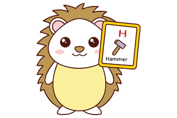 Cute Cartoon Hedgehog with Letter H and Hammer Card on a White Background