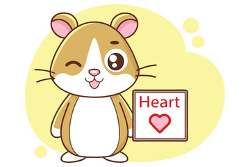 Cute Cartoon Hamster Winking Holding Heart Sign, Funny, Animal, isolated on white