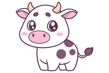 Cute Cartoon Cow with Purple Spots, Pink Nose, Cheeks, and Horns on White Background