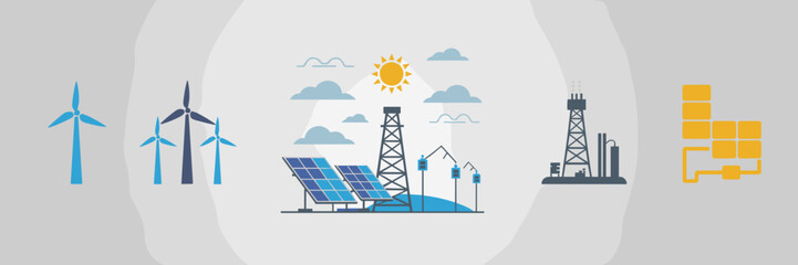 Energy industry icon sheet with wind turbines, solar panels, oil rigs, and grids – Great for renewable energy infographics, power sector visuals, or sustainability presentations.