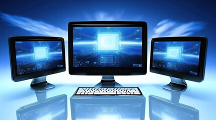 Fototapeta premium Multi-monitor Computer Setup, Futuristic Screens, Abstract Background