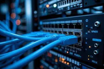 High Speed Network Server Rack with Blue Ethernet Cables Data Center Technology