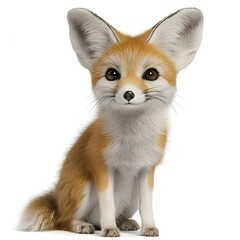 Obraz premium An adorable Fennec fox sits against a pure white background showcasing its large ears and fluffy fur.