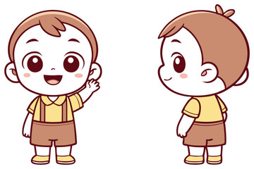 Happy Cartoon Boy Waving Front Side and Side View on Transparent Background