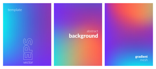 Abstract liquid background set. Gradient mesh. Effect bright color blend. Blurred fluid colorful mix. Modern design template for web covers, ad banners, posters, brochures, flyers. Vector EPS