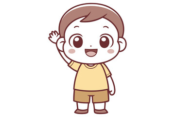 Cheerful Cartoon Boy Waving Hand with Brown Hair on Isolated Transparent Background