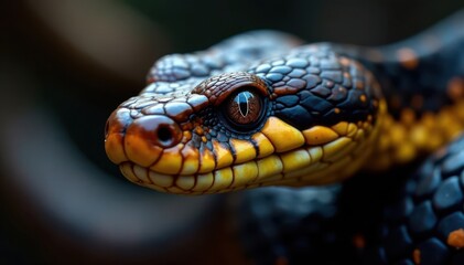 Obraz premium Snake's face features prominent eyes and vertical pupils, closeup, venomous
