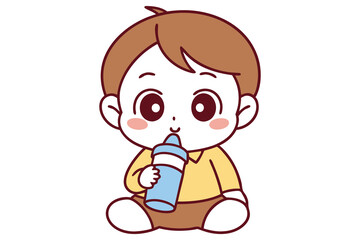 Cute Baby Boy with Brown Hair Drinking from Blue Bottle on Transparent Background