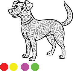 A cute cartoon dog, outlined with a repeating dot pattern, perfect for coloring books, activity pages, or educational materials.